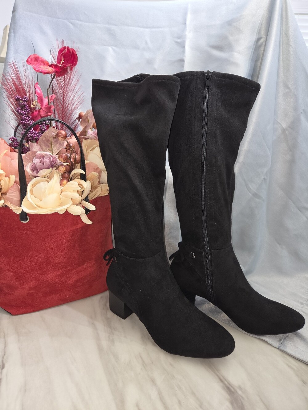 Charter Club Black Faux Suede Tall Block Heel Boots — Size 7